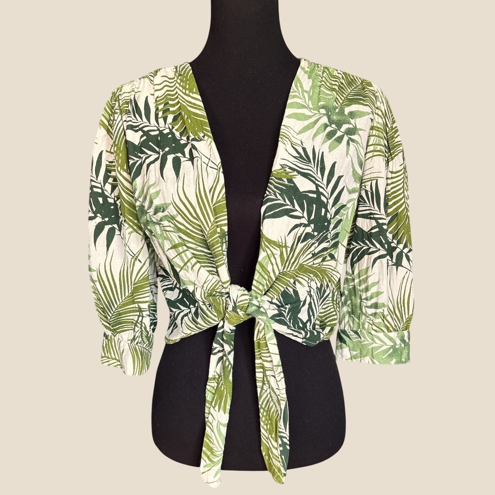 Midnight Sky Linen Blend Tie Front Crop Top, Green Tropical Palms, Medium, Beach